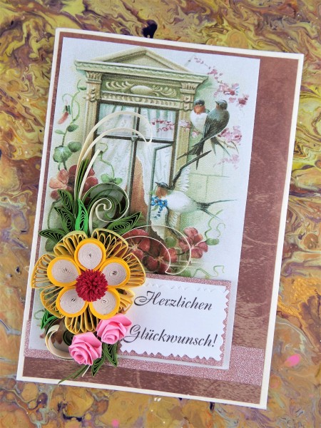 Glückwunschkarte mit Schwalben, Quilling Karte, Grußkarte zum Geburtstag