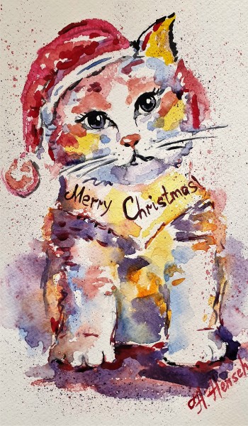 Aquarellbild "Weihnachten mit Katze", Aquarellmalerei